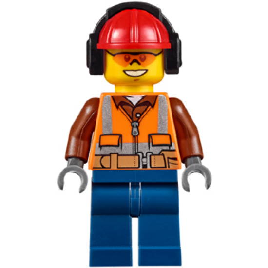 Construction Worker - Male, Orange Safety Vest, Reflective Stripes, Reddish Brown Shirt, Dark Blue Legs, Red Construction Helmet with Black Headphones, Orange Safety Glasses