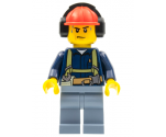 Construction Worker - Shirt with Harness and Wrench, Sand Blue Legs, Red Construction Helmet with Headphones, Sweat Drops