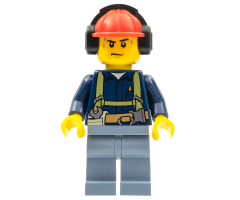 Construction Worker - Shirt with Harness and Wrench, Sand Blue Legs, Red Construction Helmet with Headphones, Sweat Drops