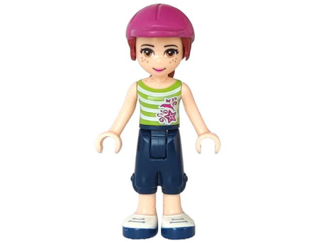 Friends Mia, Dark Blue Cropped Trousers, Lime and White Striped Top, Helmet