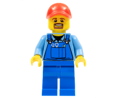 Overalls with Tools in Pocket Blue, Red Cap with Hole, Brown Moustache and Goatee