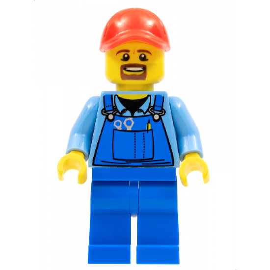 Overalls with Tools in Pocket Blue, Red Cap with Hole, Brown Moustache and Goatee