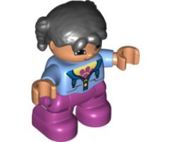 Duplo Figure Lego Ville, Child Girl, Magenta Legs, Medium Blue Jacket over Shirt with Flower, Black Pigtails