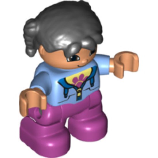 Duplo Figure Lego Ville, Child Girl, Magenta Legs, Medium Blue Jacket over Shirt with Flower, Black Pigtails