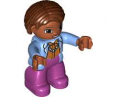 Duplo Figure Lego Ville, Female, Magenta Legs, Medium Blue Top with Necklace, Dark Orange Hair