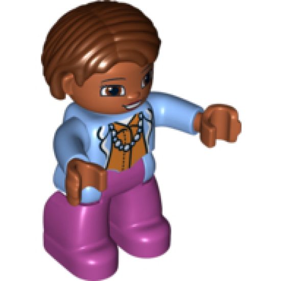 Duplo Figure Lego Ville, Female, Magenta Legs, Medium Blue Top with Necklace, Dark Orange Hair