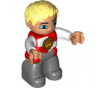 Duplo Figure Lego Ville, Male Castle, Dark Bluish Gray Legs, Red and White Chest with Lion on Shield, Bright Light Yellow Hair, Blue Eyes