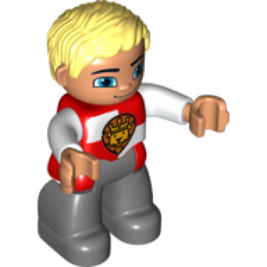 Duplo Figure Lego Ville, Male Castle, Dark Bluish Gray Legs, Red and White Chest with Lion on Shield, Bright Light Yellow Hair, Blue Eyes