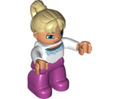 Duplo Figure Lego Ville, Female, Magenta Legs, White Sweater with Blue Flowers Pattern, Tan Ponytail Hair, Blue Eyes