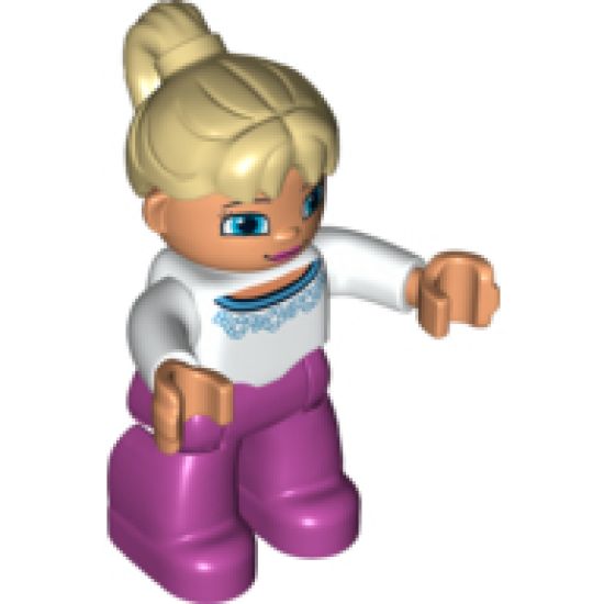 Duplo Figure Lego Ville, Female, Magenta Legs, White Sweater with Blue Flowers Pattern, Tan Ponytail Hair, Blue Eyes