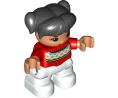 Duplo Figure Lego Ville, Child Girl, White Legs, Red Fair Isle Sweater with Orange Diamonds, Brown Eyes with Cheeks Outline, Black Pigtails