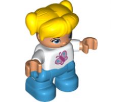 Duplo Figure Lego Ville, Child Girl, Dark Azure Legs, White Top with Pink Butterfly, Yellow Hair with Pigtails