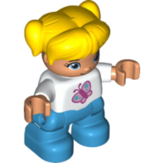 Duplo Figure Lego Ville, Child Girl, Dark Azure Legs, White Top with Pink Butterfly, Yellow Hair with Pigtails
