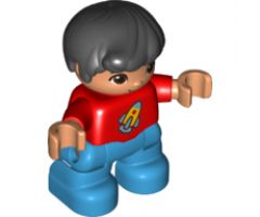 Duplo Figure Lego Ville, Child Boy, Dark Azure Legs, Red Top with Space Rocket Ship, Black Hair