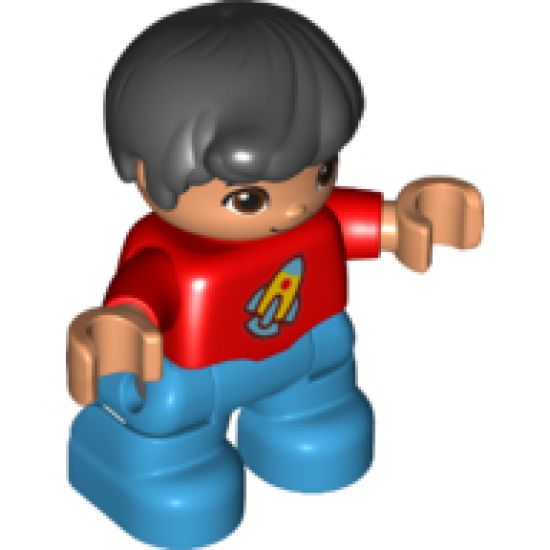 Duplo Figure Lego Ville, Child Boy, Dark Azure Legs, Red Top with Space Rocket Ship, Black Hair