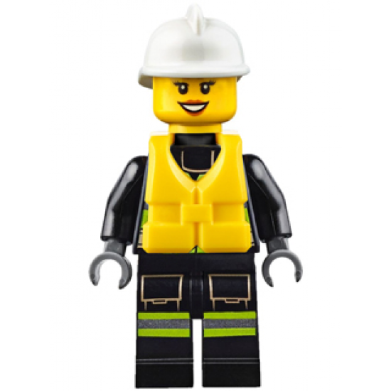 Fire - Reflective Stripes with Utility Belt and Flashlight, Life Jacket, White Fire Helmet, Peach Lips Open Mouth Smile