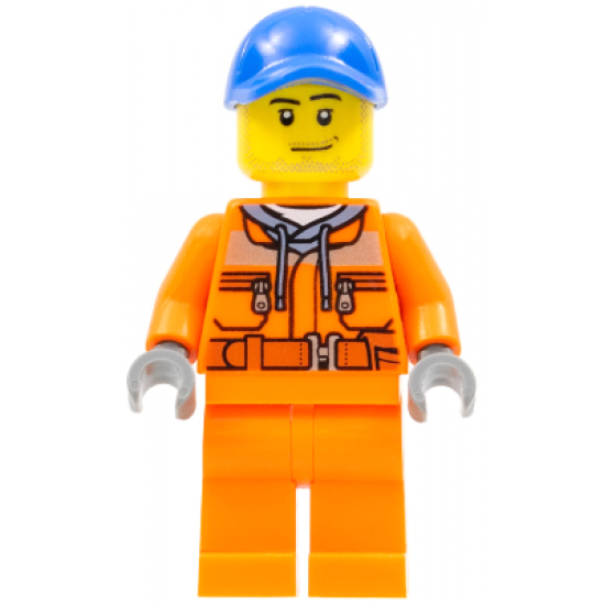 Tow Truck Driver - Male, Orange Safety Jacket, Reflective Stripe, Sand Blue Hoodie, Orange Legs, Blue Cap with Hole, Stubble