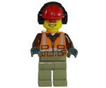 Construction Worker - Male, Orange Safety Vest, Reflective Stripes, Reddish Brown Shirt, Dark Tan Legs, Red Construction Helmet with Black Headphones, Orange Safety Glasses