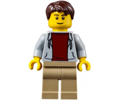 Light Bluish Gray Hoodie with Dark Red Shirt, Dark Tan Legs, Dark Brown Tousled Hair, Thin Grin