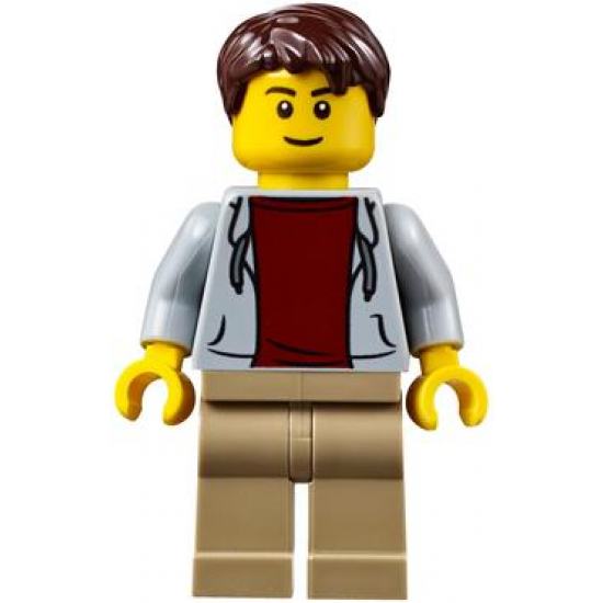 Light Bluish Gray Hoodie with Dark Red Shirt, Dark Tan Legs, Dark Brown Tousled Hair, Thin Grin