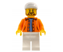Hot Dog Vendor - Orange Jacket Hoodie over Medium Blue Sweater, White Legs, White Short Bill Cap, Beard