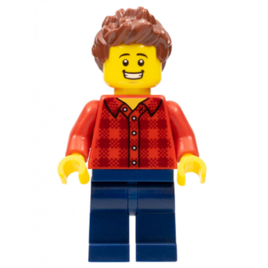 Race Fan - Male, Red Plaid Flannel Shirt, Dark Blue Legs, Reddish Brown Spiked Hair, Open Mouth Smile with Teeth