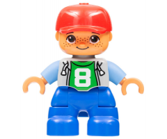 Duplo Figure Lego Ville, Child Boy, Blue Legs, Light Bluish Gray Top with Number 8, Medium Blue Arms, Red Cap, Freckles, Oval Eyes