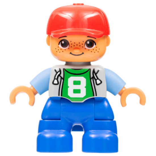 Duplo Figure Lego Ville, Child Boy, Blue Legs, Light Bluish Gray Top with Number 8, Medium Blue Arms, Red Cap, Freckles, Oval Eyes