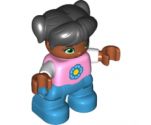 Duplo Figure Lego Ville, Child Girl, Dark Azure Legs, Bright Pink Top with Yellow and Dark Azure Flower, Black Hair with Pigtails