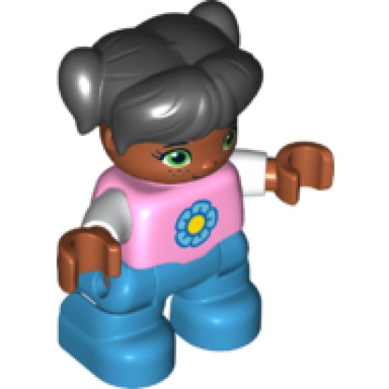 Duplo Figure Lego Ville, Child Girl, Dark Azure Legs, Bright Pink Top with Yellow and Dark Azure Flower, Black Hair with Pigtails