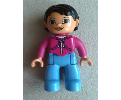 Duplo Figure Lego Ville, Female, Medium Blue Legs, Magenta Top with White Drawstring, Black Hair, Brown Eyes