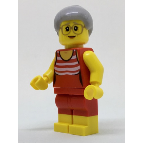 Beachgoer - Gray Female Hair and Red Old-Fashioned Swimsuit