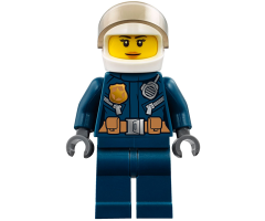 Police - City Helicopter Pilot Female, Leather Jacket with Gold Badge and Utility Belt, Dark Blue Legs, White Helmet, Peach Lips Slight Smile