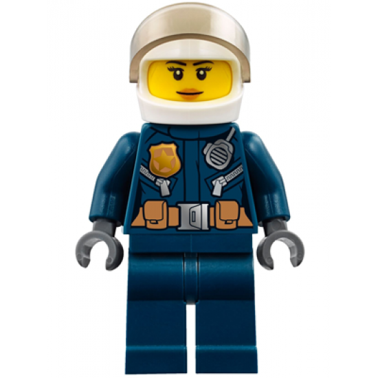 Police - City Helicopter Pilot Female, Leather Jacket with Gold Badge and Utility Belt, Dark Blue Legs, White Helmet, Peach Lips Slight Smile