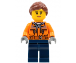 Cargo Center Worker - Female, Orange Safety Jacket, Reflective Stripe, Sand Blue Hoodie, Dark Blue Legs, Reddish Brown Hair, Peach Lips