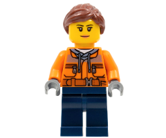 Cargo Center Worker - Female, Orange Safety Jacket, Reflective Stripe, Sand Blue Hoodie, Dark Blue Legs, Reddish Brown Hair, Peach Lips