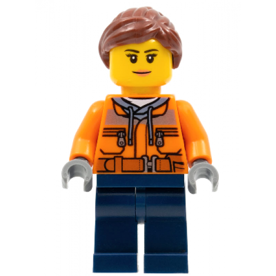 Cargo Center Worker - Female, Orange Safety Jacket, Reflective Stripe, Sand Blue Hoodie, Dark Blue Legs, Reddish Brown Hair, Peach Lips