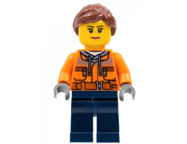 Cargo Center Worker - Female, Orange Safety Jacket, Reflective Stripe, Sand Blue Hoodie, Dark Blue Legs, Reddish Brown Hair, Peach Lips