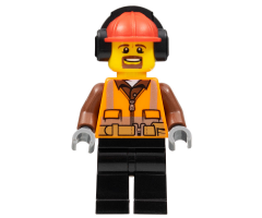 Cargo Center Worker - Male, Orange Safety Vest, Reflective Stripes, Reddish Brown Shirt, Black Legs, Red Construction Helmet with Black Headphones, Goatee