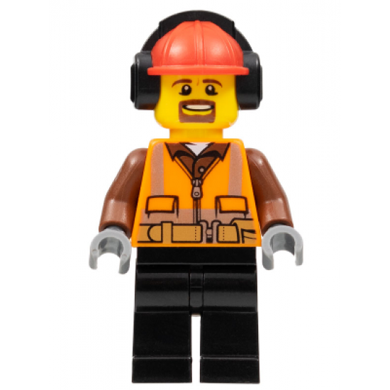 Cargo Center Worker - Male, Orange Safety Vest, Reflective Stripes, Reddish Brown Shirt, Black Legs, Red Construction Helmet with Black Headphones, Goatee