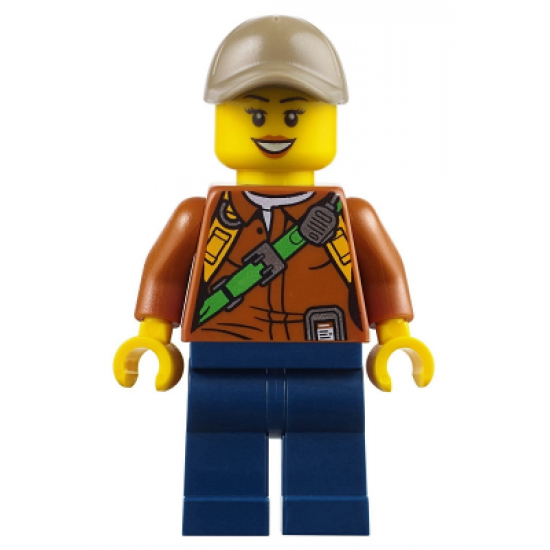 City Jungle Explorer Female - Dark Orange Shirt with Green Strap, Dark Blue Legs, Dark Tan Cap with Hole, Black Eyebrows