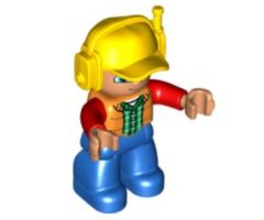 Duplo Figure Lego Ville, Male, Blue Legs, Orange Vest, Dark Green Plaid Shirt, Red Arms, Yellow Cap with Headset