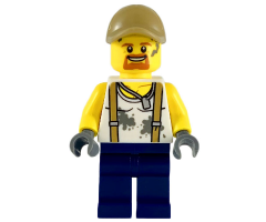 City Jungle Engineer - White Shirt with Suspenders and Dirt Stains, Dark Blue Legs, Dark Tan Cap with Hole, Goatee