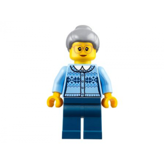 Grandmother - Fair Isle Sweater, Light Bluish Gray Hair with Top Knot Bun, Dark Blue Legs, Glasses