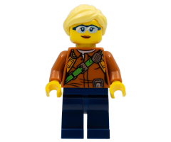 City Jungle Explorer Female - Dark Orange Shirt with Green Strap, Dark Blue Legs, Bright Light Yellow Ponytail and Swept Sideways Fringe