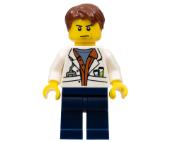 City Jungle Scientist - White Lab Coat with Test Tubes, Dark Blue Legs, Reddish Brown Parted Hair, Scowl
