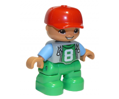 Duplo Figure Lego Ville, Child Boy, Bright Green Legs, Light Bluish Gray Top with '8' Pattern, Medium Blue Arms, Red Cap, Oval Eyes