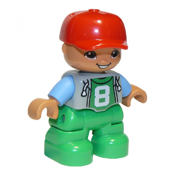 Duplo Figure Lego Ville, Child Boy, Bright Green Legs, Light Bluish Gray Top with '8' Pattern, Medium Blue Arms, Red Cap, Oval Eyes