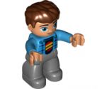 Duplo Figure Lego Ville, Male, Dark Bluish Gray Legs, Dark Azure Jacket, Black Shirt, Reddish Brown Hair