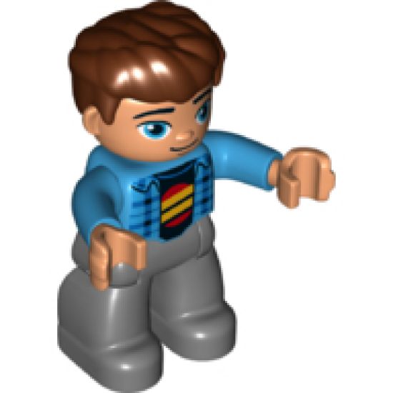 Duplo Figure Lego Ville, Male, Dark Bluish Gray Legs, Dark Azure Jacket, Black Shirt, Reddish Brown Hair